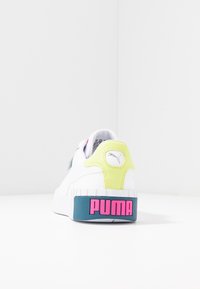 White sneaker with a textured upper, gray accents, fluorescent yellow heel cap, and a blue back panel featuring the pink "PUMA" logo.