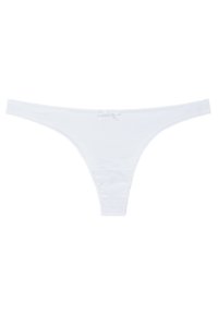 Perizoma bianco realizzato in materiale morbido con pizzo. Presenta un piccolo dettaglio a fiocco al centro frontale. Vita sottile e copertura posteriore minimale.