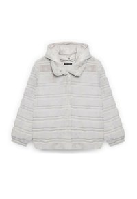 Biała kurtka z futra syntetycznego z kapturem, z poziomymi paskami, zapięciem na napy i miękką teksturą.