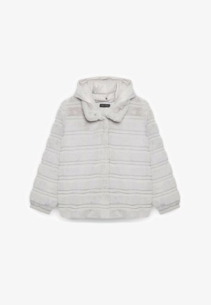 White faux fur jacket with a hood, featuring horizontal striping, snap closure, and a soft texture.