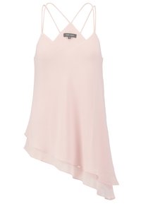 Haut asymétrique rose clair en tissu lisse, doté de fines bretelles spaghetti et d'un ourlet fluide avec un détail en couches.