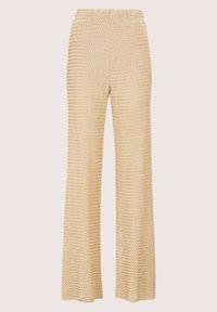 Getextureerde, beige wijde broek met een elastische tailleband en een opengebreid patroon, dat zorgt voor een ademend en licht ontwerp.