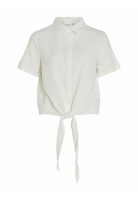 Camicia a maniche corte, di colore verde chiaro, con colletto a punta, chiusura frontale a bottoni e dettagli con cintura annodata in vita. Realizzata in un tessuto morbido e testurizzato.
