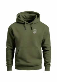 Olive green hoodie made of soft fabric, featuring a kangaroo pocket and drawstring hood. Small white graphic design on the chest.