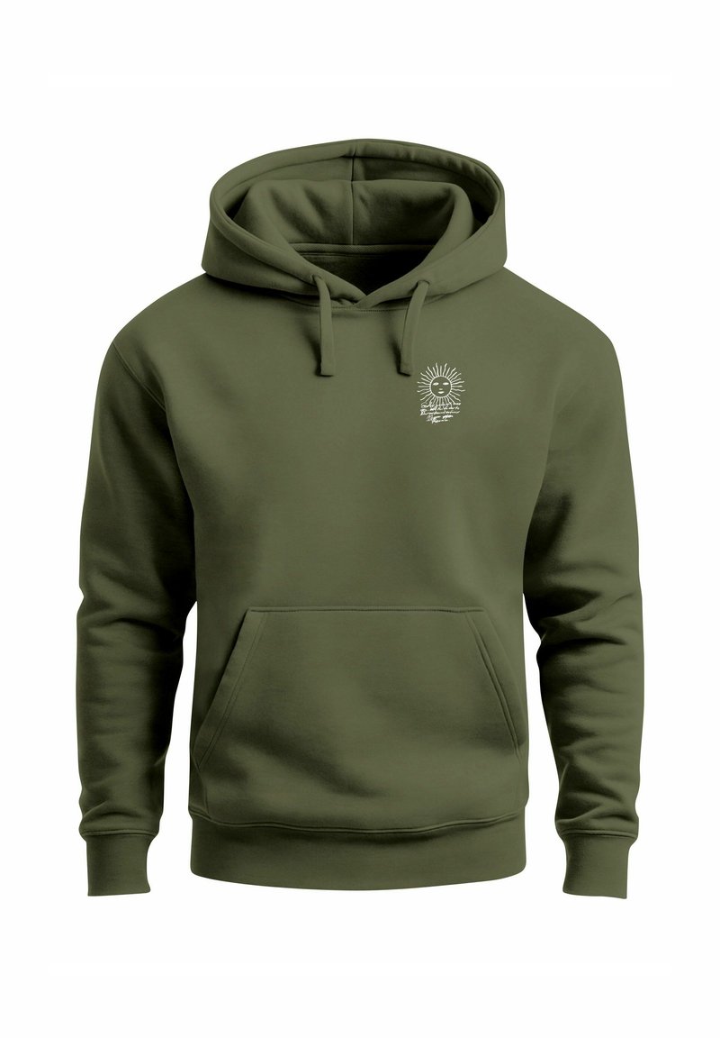 Olive green hoodie made of soft fabric, featuring a kangaroo pocket and drawstring hood. Small white graphic design on the chest.
