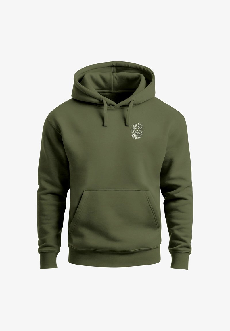 Olive green hoodie made of soft fabric, featuring a kangaroo pocket and drawstring hood. Small white graphic design on the chest.