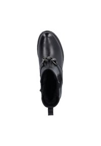 Black leather ankle boot with a smooth finish, featuring silver hardware details and a side zipper for easy wear. Soft inner lining visible.