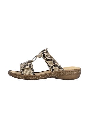 Sandale à enfiler à bout ouvert avec motif peau de serpent beige et noir, bride ajustable, semelle matelassée et talon compensé bas.