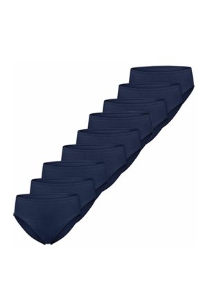 Neun Paar schlichter, marineblauer Unterhosen im Slip-Stil, diagonal auf einem weißen Hintergrund angeordnet.