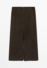 Dunkelbrauner, gerader Midirock mit einem Schlitz in der Mitte vorne und verdecktem Reißverschluss hinten, gefertigt aus wildlederähnlichem Stoff.