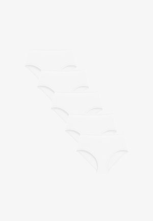 Vijf paar witte katoenen slipjes met een zachte textuur, elastische taillebanden en een klassieke lage beenlijn.