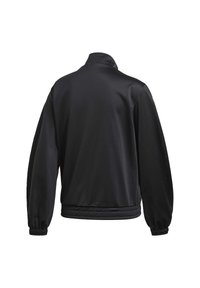 Svart, lätt jacka med hög krage, elastiska ärmslut och midjeband. Slät textur, minimalistisk design, inga synliga logotyper eller mönster.