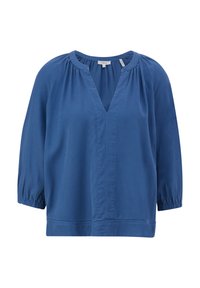 Blouse bleue avec un décolleté en V, des manches ballons trois quarts et des détails froncés aux épaules. Fabriquée dans un tissu léger et doux.