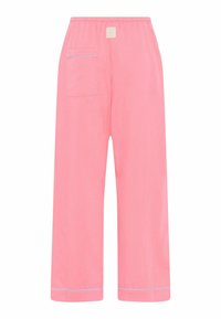 Pantaloni larghi di colore rosa chiaro con vita elastica, una tasca laterale e un accento blu all'orlo. Realizzati in tessuto morbido.