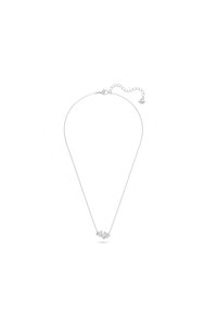 Colar de prata com uma corrente delicada, apresentando um pequeno pendente floral adornado com pedras preciosas transparentes, realçando o seu design elegante.