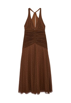 Braunes Neckholderkleid mit geraffter Taille und kleinen weißen Punkten, mit Schlüssellochausschnitt am Rücken und fließendem Rock.