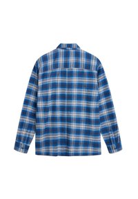 Sininen ruudullinen flanellipaita, jossa on nappikaulus, pitkät hihat ja rintatasku. Sisältää vaakasuoria ja pystysuoria viivoja vaihtelevissa sävyissä.