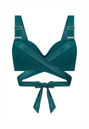 Teal polstret bh med brede stropper, justerbar guldfarvet hardware og krydsdesign. Bindes i taljen med et satin-finish.