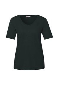T-shirt noir à manches courtes avec un col rond échancré, coupe ajustée et une étiquette de marque à l'intérieur du col.