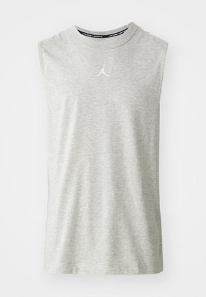 Sleeveless gray athletic T-shirt made of soft fabric. Features a small white logo on the chest and a round neckline.