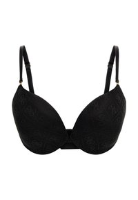 Black bra with molded cups, featuring a textured pattern and adjustable straps. Includes a hook-and-eye closure at the back.