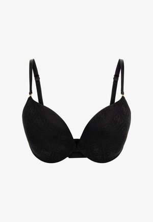 Black bra with molded cups, featuring a textured pattern and adjustable straps. Includes a hook-and-eye closure at the back.
