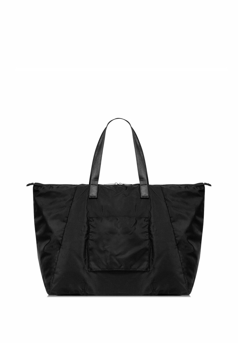 Zwarte nylon totebag met twee lange hengsels, een groot hoofdcompartiment en een voorkvak. Heeft een gladde textuur en een minimalistisch ontwerp.