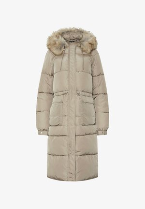 Beige gepolsterte Parka mit Kapuze aus Fuchsfell, Frontreißverschluss, zwei seitlichen Taschen und elastischen Bündchen. Glatte Textur mit gestepptem Design.