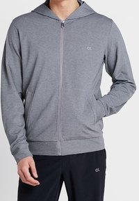 Sudadera gris con cremallera y capucha, hecha de una tela suave. Presenta bolsillos laterales y un logo en el pecho izquierdo. Diseño sencillo con puños acanalados.
