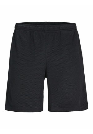 Pantaloni corti sportivi in rete nera con fascia elastica in vita, lunghezza fino a metà coscia e una texture leggera e traspirante. Adatti per sport e attività fisica.