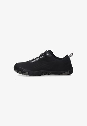 Black athletic shoe with a smooth, sleek design, featuring a textured upper, lace-up closure, and flexible rubber sole with grip patterns.