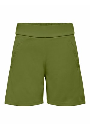 Olive green casual shorts with a wide waistband and side slit pockets, designed for comfort and everyday wear.