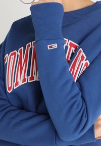 Blå sweatshirt med röd och vit "TOMMY" text. Ribbad mudd och krage. Har en liten logopatch på ärmen. Mjuk textur.