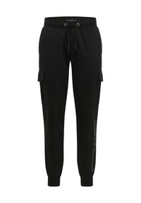 Zwarte cargo joggerbroeken met verstelbare trekkoord in de taille, zijflapzakken, geribbelde enkelboorden en "Bruno Banani" tekst op het linkerbeen.