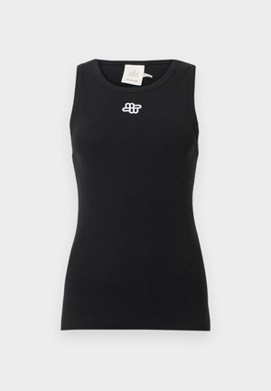 Črn rebrast top s krožnim izrezom in majhnim belim logotipom na sredini prsnega dela. Prilegajoča zasnova z gladkim tekstilnim materialom.