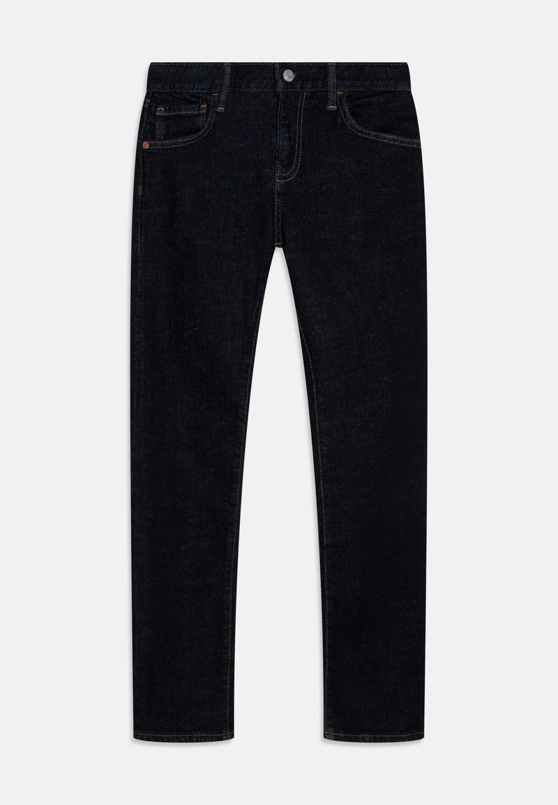 Temno modri jeans s slim fit krojem, z oranžnim šivanjem, petimi žepi in kovinskim gumbom za zapiranje. Gladka tekstura, brez vzorcev.