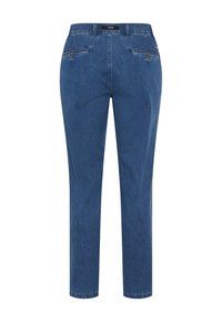 Pantaloni in denim blu scuro, design a gamba dritta con due tasche frontali e una tasca sul retro. Presentano una texture liscia e passanti per cintura.