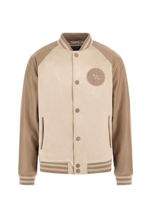 Beige varsityjacka med benfärgade konstläderärmar. Har en rund logotyp på vänster bröst, framfickor och ribbade randiga ärmslut och nederkant.