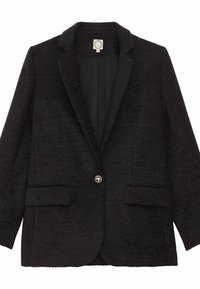 Blazer noir en tissu texturé, fermeture à un bouton, revers crantés et deux poches avant. Design robuste et coupe droite.