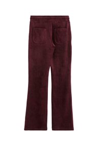Burgundy flared pants in soft fabric, featuring a smooth texture, elastic waistband, and two back pockets with rounded edges.