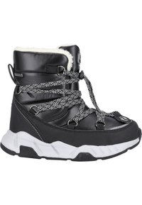 Schwarze synthetische und textile Stiefel mit Futter aus Kunstfell, grauer strukturierten Außensohle und schwarz-weißen, gemusterten Schnürsenkeln. Verstärkte Ösen sind vorhanden.