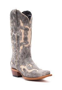 Stivale da cowboy grigio in suede con dettagli in pelle crema, caratterizzato da cuciture decorative, punta affilata e tacco in legno.