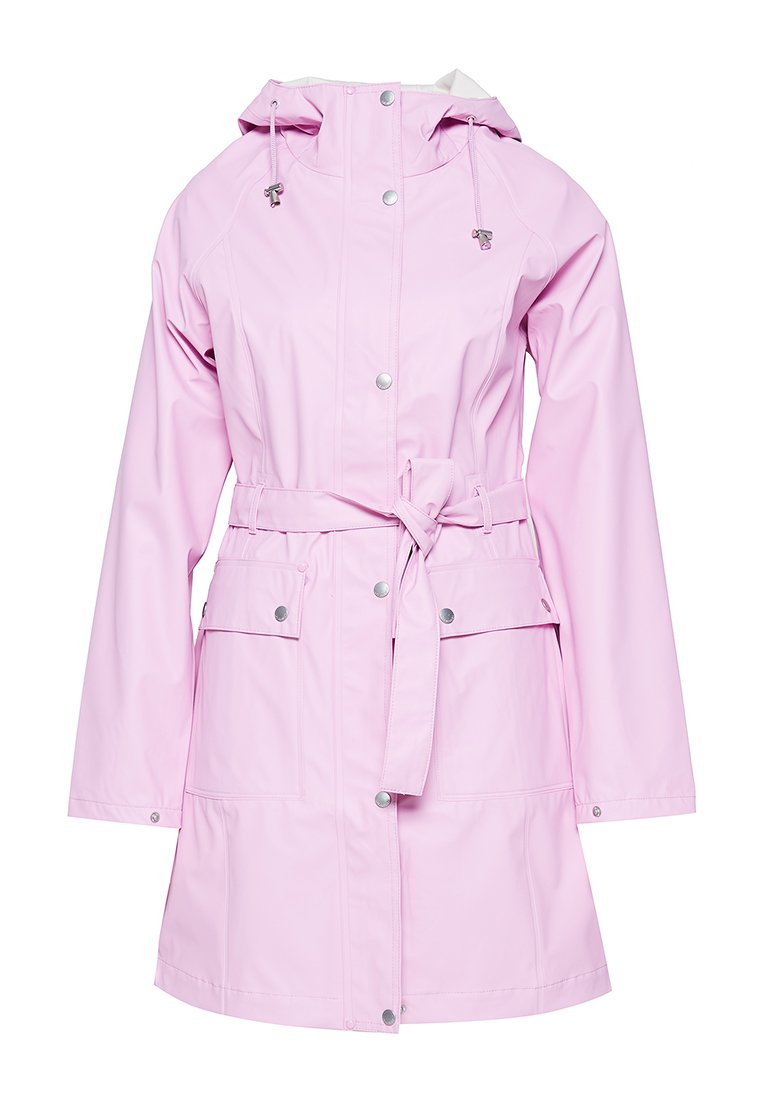 Rosa wasserdichter Regenmantel mit Kapuze mit Zugband, Druckknöpfen, Fronttaschen und einem Gürtel für eine verstellbare Passform. Glatte Textur.