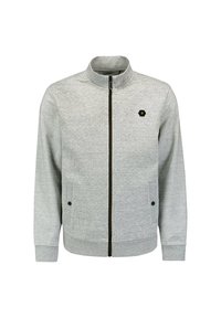 Lichtgrijze ritsjack met een textuurpatroon, een hoge kraag, zijzakken en een klein zwart hexagonaal logo op de borst.