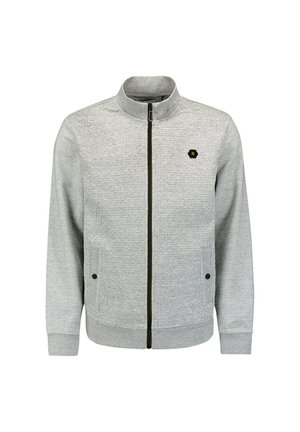 Hellgraue Zip-Jacke mit einem strukturierten Muster, hochgeschlossenem Kragen, Seitentaschen und einem kleinen schwarzen hexagonalen Logo auf der Brust.