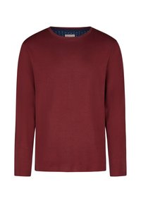 T-shirt à manches longues en coton bordeaux, avec un col rond et un détail intérieur à motifs bleus. Design simple, texture douce et coupe décontractée.