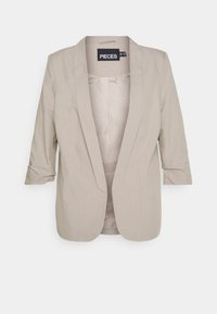 Beige blazer vyrobený z lehké látky, s jednobotonovým zapínáním, dvěma kapsami a přizpůsobeným střihem s ohrnutými rukávy.