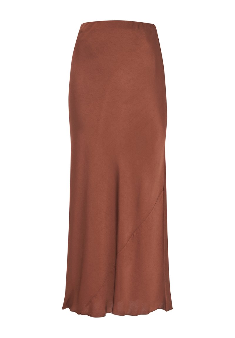 Jupe midi marron en matériau léger. Présente une texture lisse, un ourlet asymétrique et une taille ajustée.