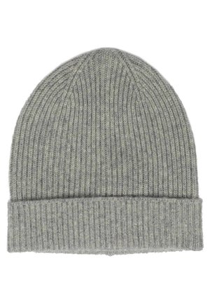 Grijze gebreide beanie met een geribbelde textuur en een omgeslagen rand. Gemaakt van zacht materiaal, met een gladde, iets harige afwerking.