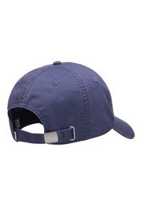 Navy blue cotton cap with a curved brim, adjustable strap and metal hardware detail; features stitched seams and ventilation eyelets.
